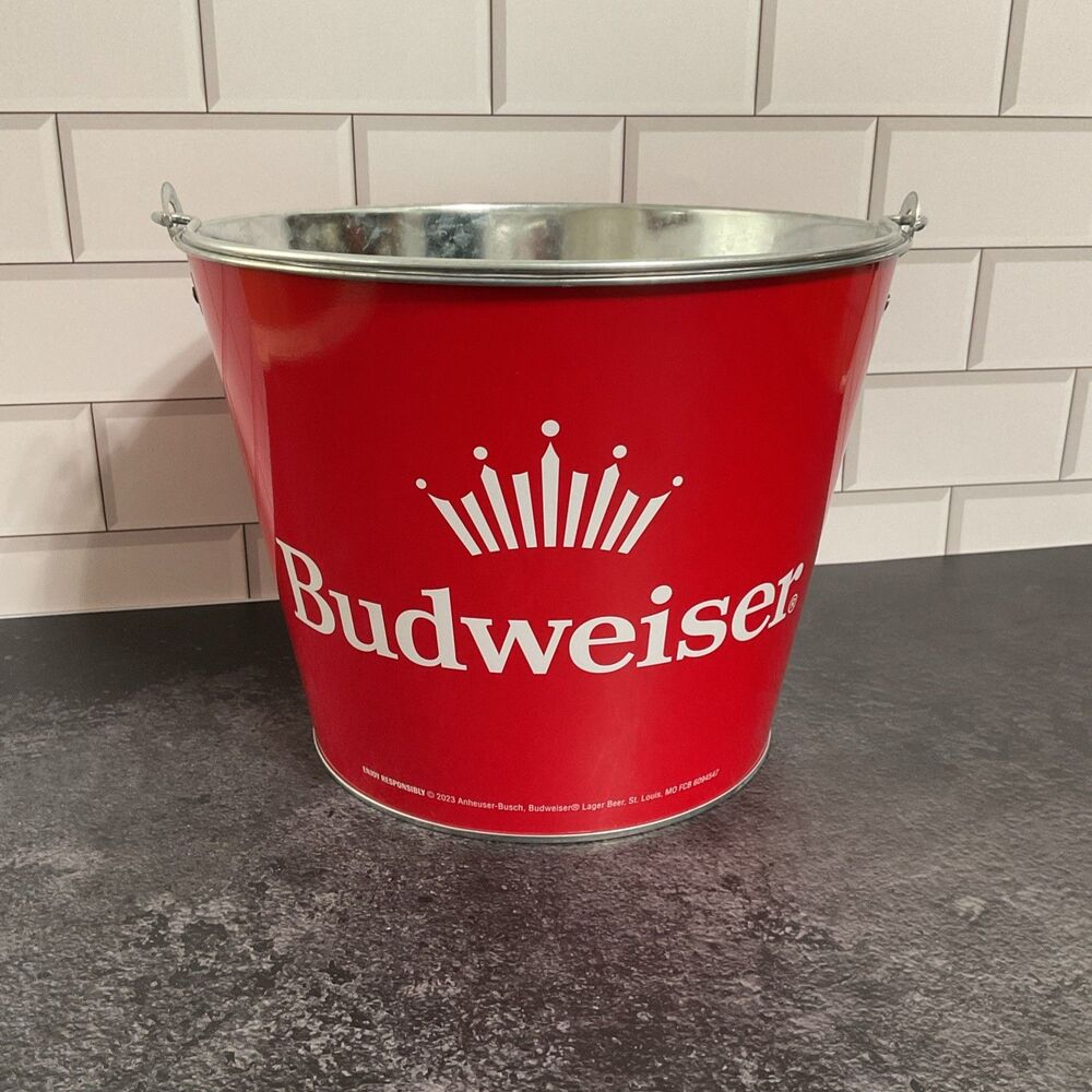 Budweiser Beer King Of Beers Red Metal Ice Bucket 6 Pack 7 1/4" Tall.New 2023